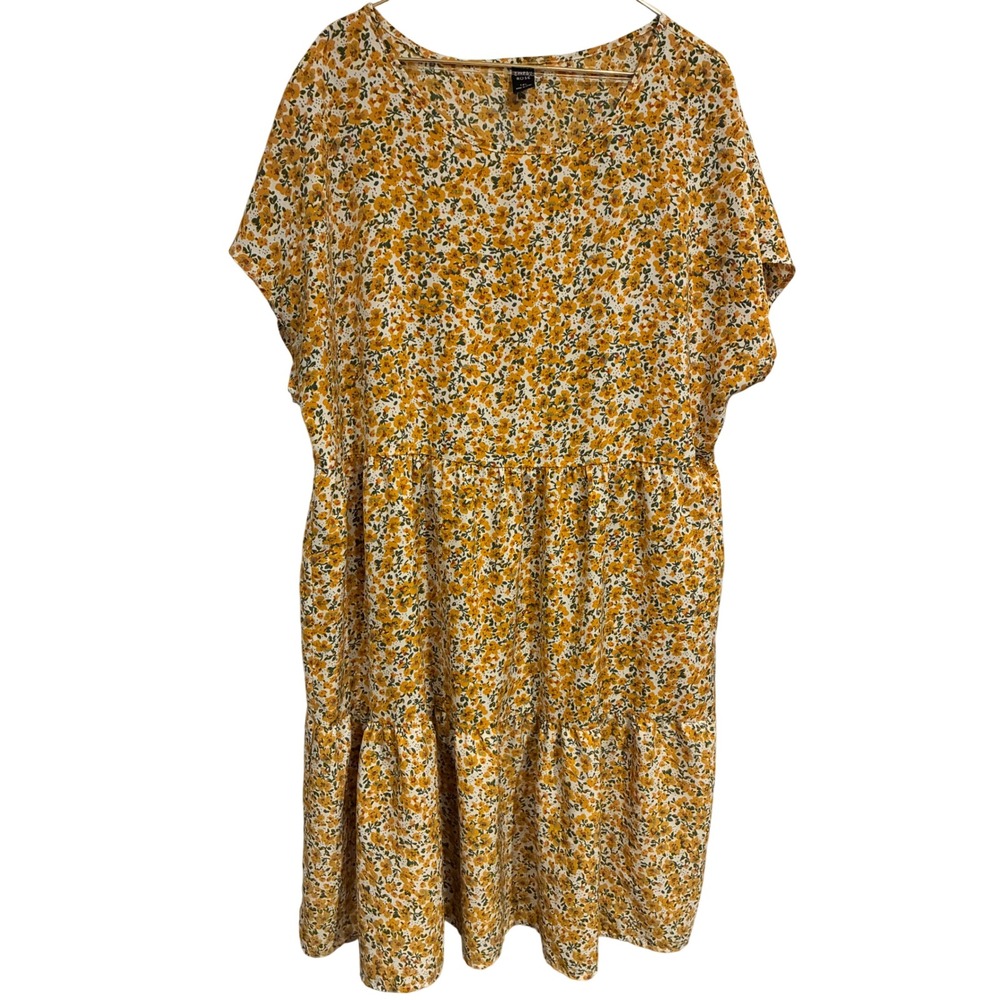 Emery Rose Floral Smock Dress Yellow Orange Ditsy Tiered Babydoll 1XL Boho
